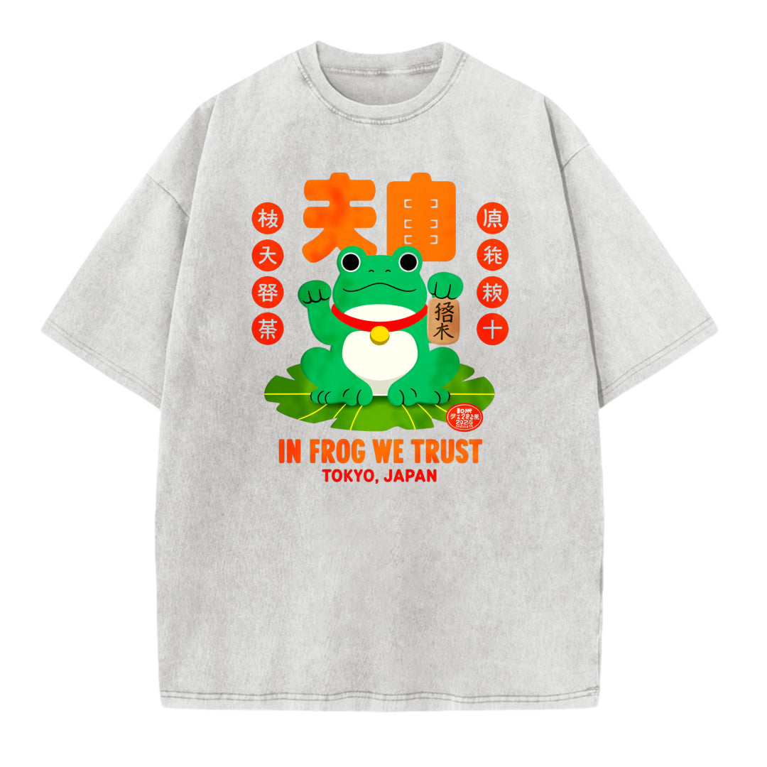 Japanese Style Lucky Frog Funny Print Washed T-shirt